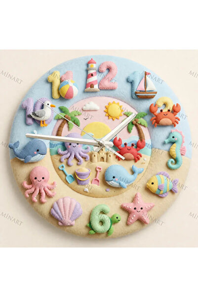 ensaat Pastel Ocean Animals Children's Room Wall Clock Silent Wooden Clock 34...