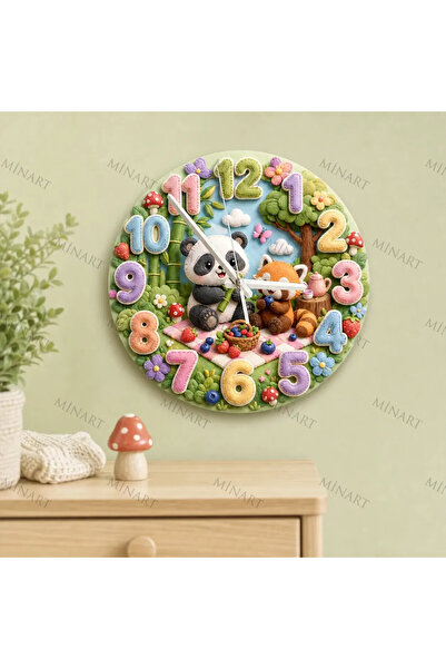 ensaat Forest Panda and Red Panda Picnic Children's Room Wall Clock Silent Wo...