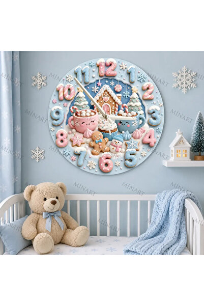 ensaat Pastel Winter Gingerbread Children's Room Wall Clock Silent Wooden Clo...