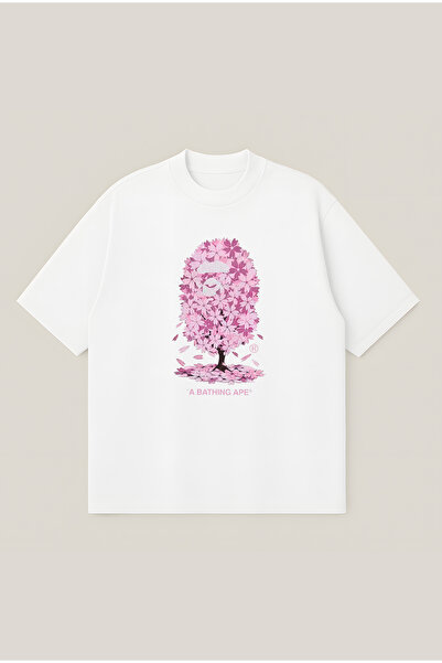 Moon Dancer Tricou unisex Bape Sakura Tree, imprimat, supradimensionat, cu cr...