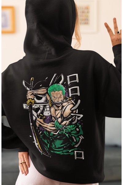 SEVBANO One Piece Roronoa Zoro Anime Back Printed Unisex Oversize Combed Cotton Hoodie