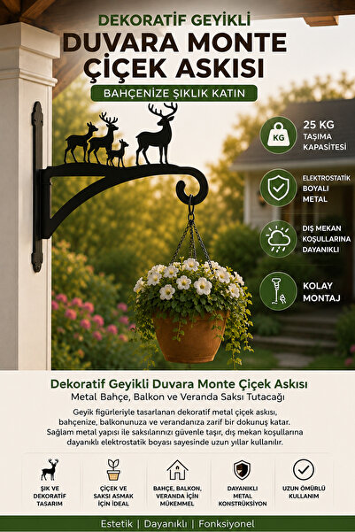 Loomina Home Geyik Tasarımlı Dış Mekan Duvar Çiçek Askısı Dekoratif Bahçe Ver...