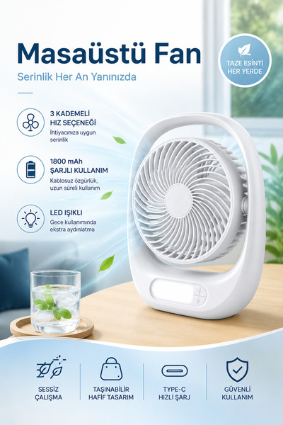 Merwish Masaüstü Vantilatör 3 Kademeli 1800mAh Şarjlı LED Işıklı Taşınabilir Ev Ofis Vantilatör Beyaz