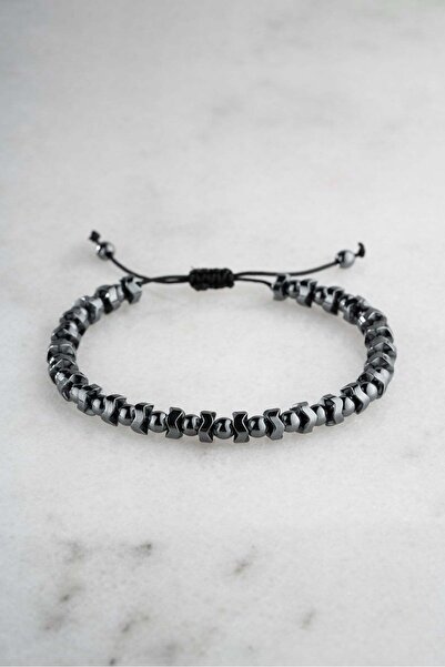 Nereze Wavy and Tiny Hematite Natural Stone Macrame Men's Bracelet