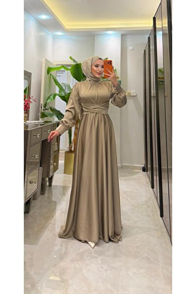 KEBİRE MODA Kuşaklı Büzgü Detaylı Tesettür Abiye Elbise