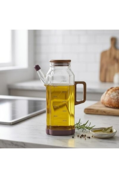 Yıldızan Albemo Acacia Wood Detailed Borosilicate Glass Oil and Vinegar Dispe...