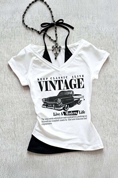 Beyaz Vintage Modern Life Ek Askılı Y2K Kısa Kollu Crop