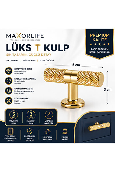 MAXORLİFE Gold T Kulp 5 cm Metal Dolap Kulpu - Lüks Altın Renk Mobilya Çekmec...