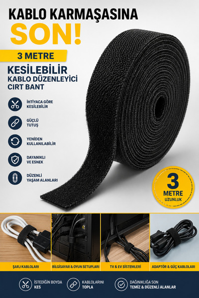 ALL FAST 3 Metre Kesilebilir Kablo Düzenleyici Cırt Bant | Yeniden Kullanılab...