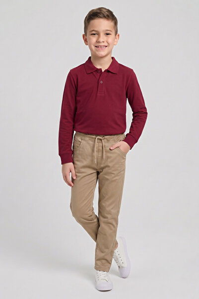 nacar çarşı Boys' Burgundy Long Sleeve Polo Collar T-Shirt Beige Ribbed Waist...