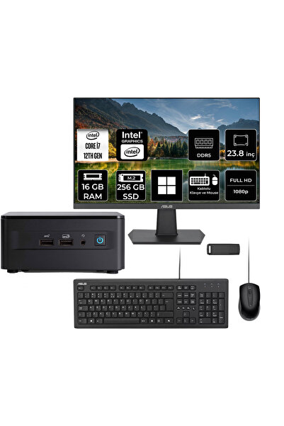 ASUS NUC 12 Pro Tall Intel Core i7-1260P 16GB RAM 512GB SSD 23.8" Full HD Monitör Win11 Home RNUC12WSHI700002IP557 Mini Masaüstü Bilgisayar + PER4 USB BELLEK