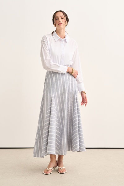 EBU Prive Women's Cotton Pieced Flounce Skirt Striped Dark Navy Blue