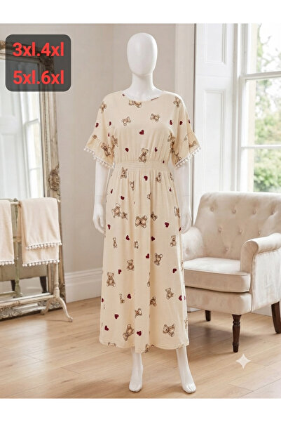 diğer01 11 Büyük Beden Ayıcık Desenli Elbise - Krem - 3XL,4XL/5XL,6XL