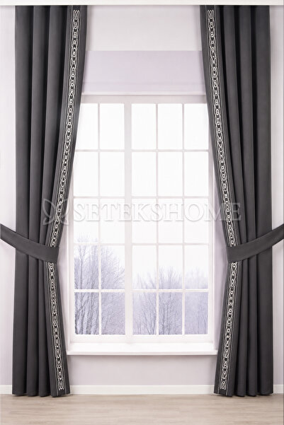 Setekshome Satin Blackout Anthracite Bordered Background Curtain – Both a Bac...