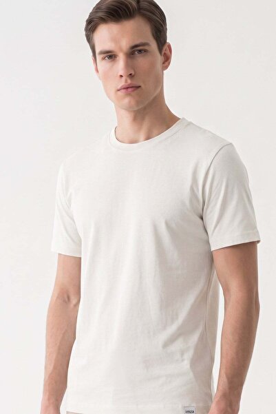 İmza Cream Color Crew Neck Short Sleeve Slim Fit Cotton T-Shirt 1011265166