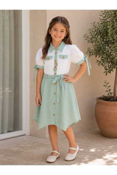 Hafez Kids Girl's Shirt-Like Dress with Belted Button Detail, Stylish and Ful...