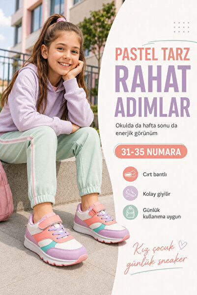 Ayakkabı Deryası Kız Çocuk Cırtlı Bağcık Detaylı Pastel Renk Bloklu Günlük Sn...