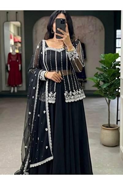 MYSMAR Black Premium Silk Satin Lehenga Set - HRT8324 | Black-Size:M-38-Inches