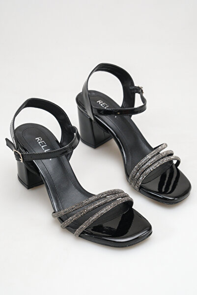 Rella Black Stone Thick Heeled Sandals Evening Dress Wedding Engagement Shoes