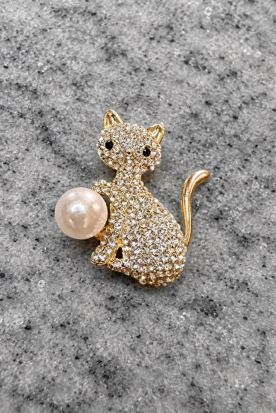 Cats & Meow İnci Detaylı Taşlı Kedi Figürlü Altın Renk Zarif Yaka, Şapka ve Ç...