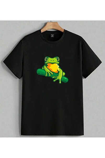 ELFERA Kurbaga Illustration Green Printed Unisex Oversize T-Shirt Black