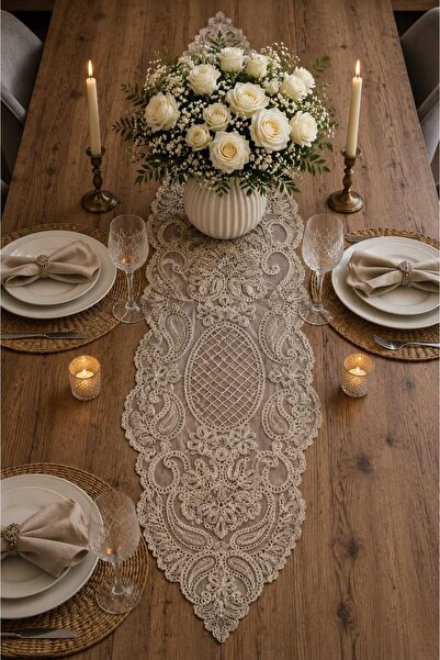 Lena Maison Luna Simli Vizon Krem Dantel Runner/Masa-Konsol Örtüsü 35x105 cm