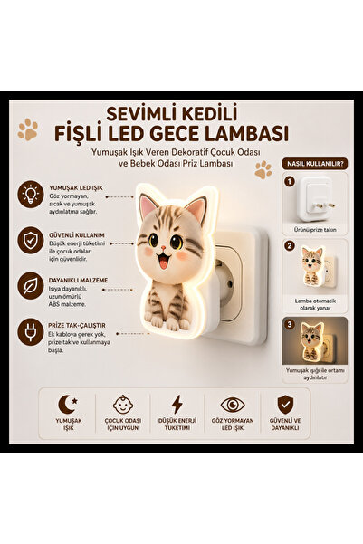 tg tek-iş global Sevimli Kedili Fişli LED Gece Lambası | Yumuşak Işık Veren D...