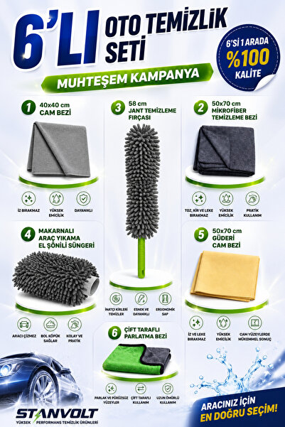 STANVOLT 6’lı Oto Temizlik Seti | Cam Bezi, Mikrofiber Bez, Jant Fırçası, El ...