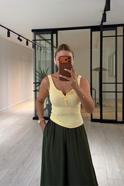 Sezgi Tekin Button Detail Ribbed Yellow Basic Blouse