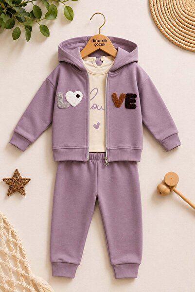 dinamik çocuk Baby Girl Love Embroidered Hooded Cardigan 3-Piece Top and Bott...