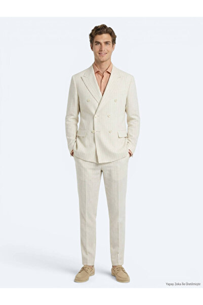 Kip Beige Striped Modern Fit Cotton Blend Suit