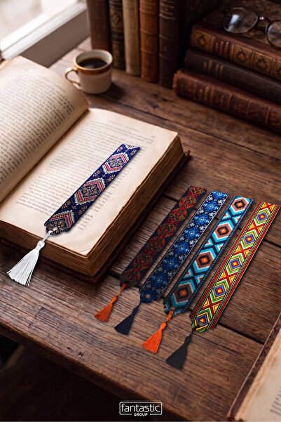 FANTASTIC 5'li El Yapımı Püsküllü Dokuma Kitap Ayracı Seti – Otantik Desenli Kumaş Kitap Ayracı Hediyelik Set