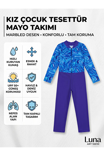 pistyle Kız Çocuk Tesettür Mayo Takımı - Marbled Desenli Tam Kapalı Mayo