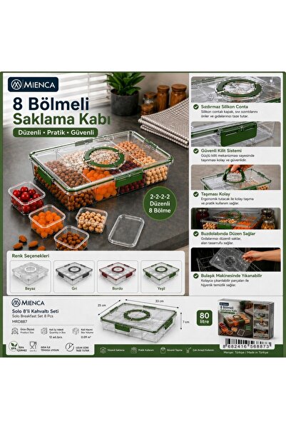 Genel Markalar 8 Bölmeli Kilitli Kapaklı Taşınabilir Atıştırma Kutusu, Kahval...