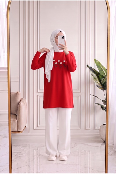MİHRA STORE Laleay Elegantna bluza sa 5 izvezenih tratinčica-SS13148 crvena
