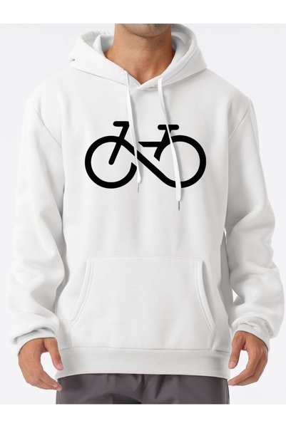 WESTİMO Men's White Linear Bicycle Printed 3 Thread Hooded Hoodie Sweatshirt