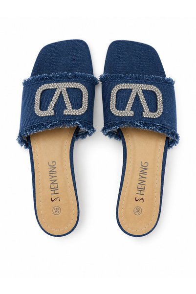 Eloré Denim Spark Crystal Block Heel Mules