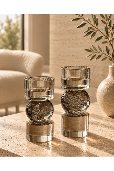 Doğa DF Place Füme Cam Modern Şamdan Seti 2'li | Dekoratif Cam Mumluk | Premi...