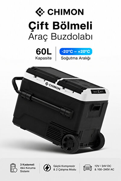 chimon 60L Taşınabilir Çift Bölmeli Araç Buzdolabı -20°C Kompresörlü Taşınabi...