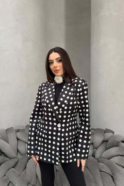 Clothes Fast Women's Black Polka Dot Double Breasted Blazer Jacket Lapel Long...