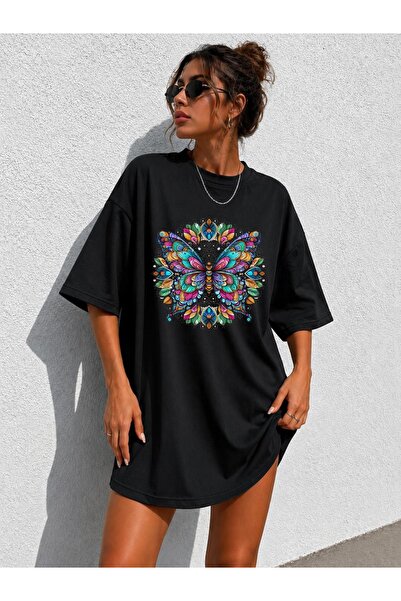 classy moda Γυναικείο μπλουζάκι Oversize με στάμπα πεταλούδας και μάνταλα