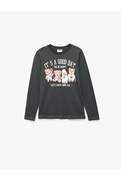Koton Cotton Long Sleeve Crew Neck Teddy Bear Printed T-Shirt