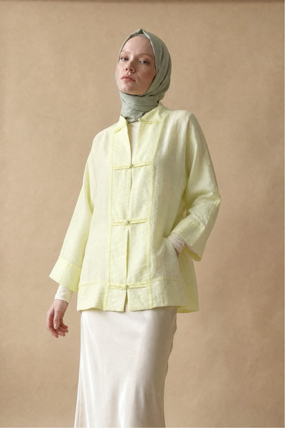 LENFORA V Yaka Organze Vual Biye Düğmeli Oversize Kimono -Sarı