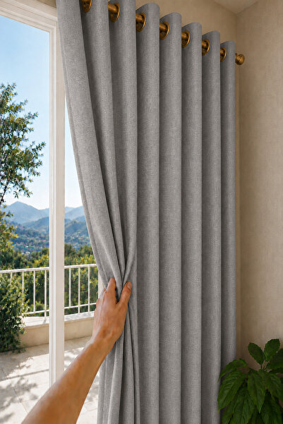 De'Vor Gray Linen Look Decorative Background Curtain with Bird Eyes, Suitable...