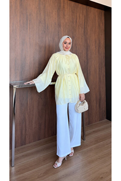 fera butik Women's Belted Buttoned Lined Yellow Hijab Tunic Shirt