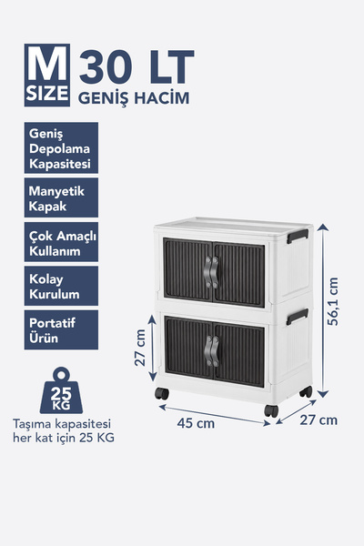 Lavine ”MEDIUM” 2 Katlı Portatif Tekerlekli Organizer Dolap Beyaz 30 LT Mıknatıslı Kapaklı Katlanır Çok Amaçlı