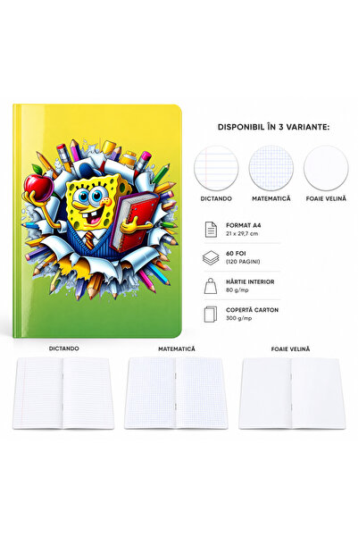 Ingift Caiet A4 Personalizat SpongeBob cu Creion – 60 Foi, Matematica