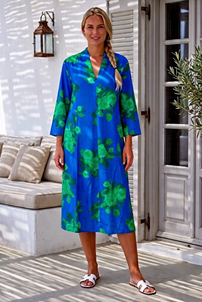 Chiccy Blue V-Neck 3/4 Sleeve Hidden Pocket Pleated Floral Printed Casual Vis...