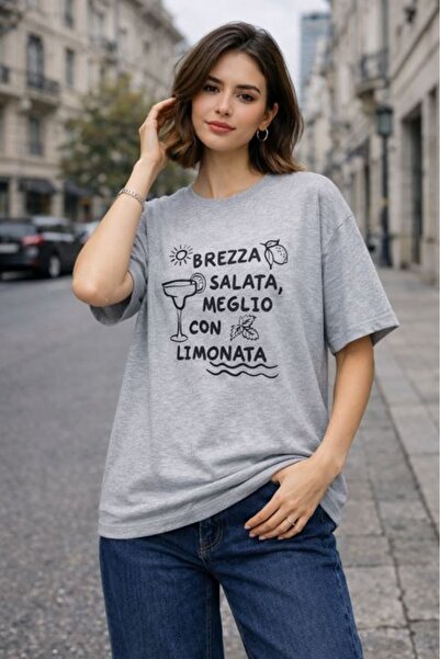 Moda Days Γυναικείο μπλουζάκι με γκρι στάμπα, με λαιμόκοψη ποδηλάτου, υπερμεγ...