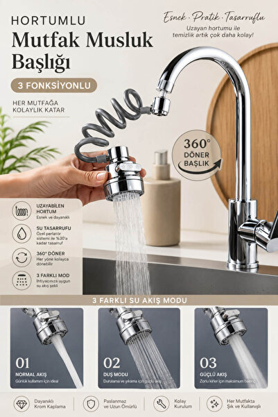 Anadolu Saray Hortumlu Krom Mutfak Lavabo Musluk Başlığı 3 Fonksiyonlu 360° D...